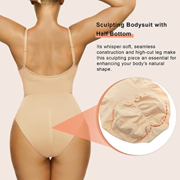 SHAPERX Women's Shapewear Bodysuit Tummy Control Body Shaper Seamless Sculpting Snatched Waist Body Suit，SZ5213-Beige-S/M