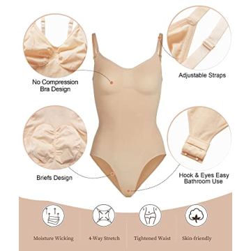 SHAPERX Women's Shapewear Bodysuit Tummy Control Body Shaper Seamless Sculpting Snatched Waist Body Suit，SZ5213-Beige-S/M