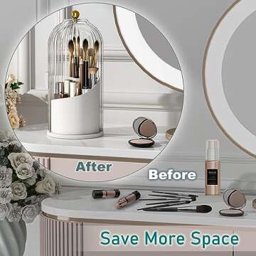 GAXmi Makeup Brush Holder with Lid Cosmetic Tools Organizer 360 Rotating Waterproof Dustproof Beauty Brushes Storage for Vanity, Transparent