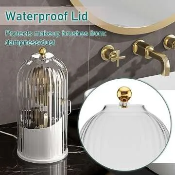 GAXmi Makeup Brush Holder with Lid Cosmetic Tools Organizer 360 Rotating Waterproof Dustproof Beauty Brushes Storage for Vanity, Transparent