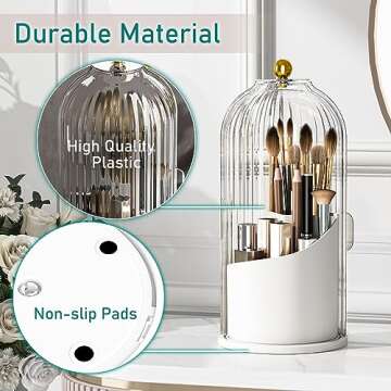GAXmi Makeup Brush Holder with Lid Cosmetic Tools Organizer 360 Rotating Waterproof Dustproof Beauty Brushes Storage for Vanity, Transparent