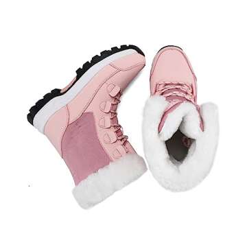 COOJOY Womens Winter Snow Boots Waterproof Shoes Tennis Walking Comfortable Hiking Booties Furry Mid Calf Warm Lightweight Pink,US8 EU40