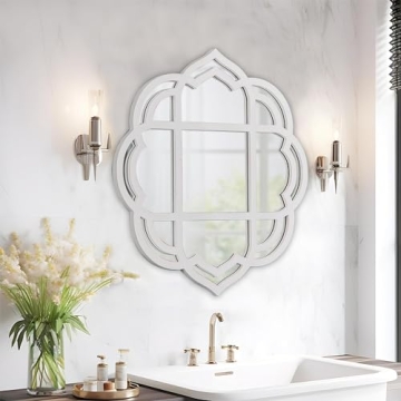 Farmhouse Scalloped Window Mirror 22 X 24 Inch, Hanging Distressed Finish Rustic White Wooden Round ...