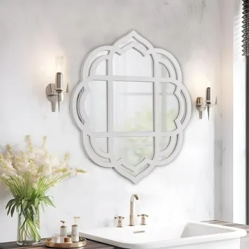 Farmhouse Scalloped Window Mirror 22 X 24 Inch, Hanging Distressed Finish Rustic White Wooden Round ...