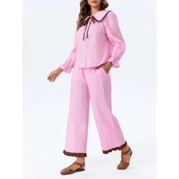 Tankaneo Womens Tie Front Pajama Set Peplum Babydoll Shirt and Wide Leg Pants Cute 2 Piece Lounge Outfits Pink