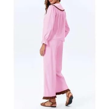 Tankaneo Womens Tie Front Pajama Set Peplum Babydoll Shirt and Wide Leg Pants Cute 2 Piece Lounge Outfits Pink
