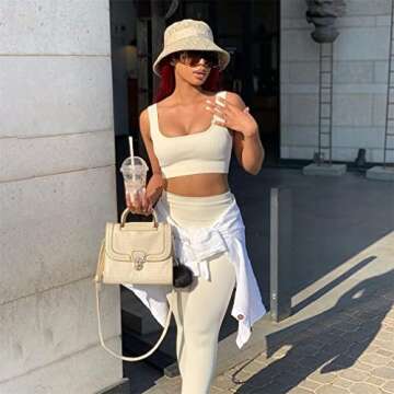 OQQ Women's 2 Piece Yoga Leggings Ribbed Seamless Workout High Waist Athletic Pants Coffee Beige