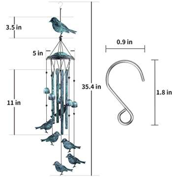 Monsiter QE Bird Wind Chimes for Outside, Outdoors with 4 Large Aluminum Tubes & S Hook - Clearance Hanging Decor for Garden, Patio, Backyard or Porch