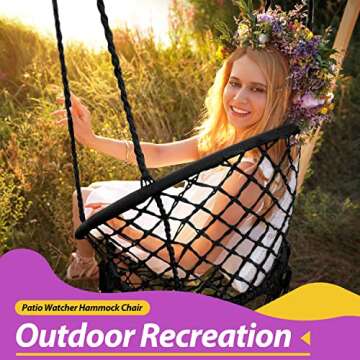 Patio Watcher Hammock Chair Hanging Macrame Swing with Cushion and Hardware Kits, Max 330 Lbs, Handmade Knitted Mesh Rope Swing Chair for Indoor, Outdoor, Bedroom, Patio, Yard, Deck, Garden, Black