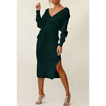 Cutiefox Elegant V Neck Wrap Knit Dress with Belt