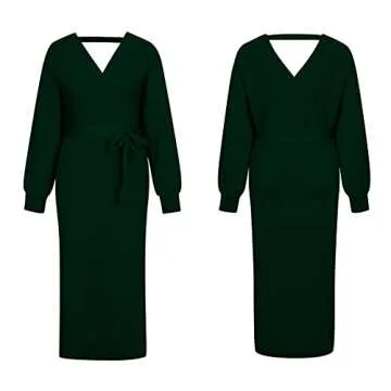 Cutiefox Elegant V Neck Wrap Knit Dress with Belt