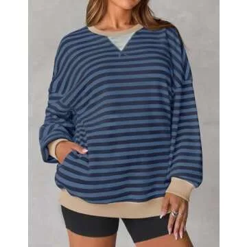ZESICA Womens Casual Striped Pullover Tops Long Sleeve Shirts Crewneck Oversized Sweatshirts Spring ...