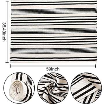 Black and White Outdoor Rug 3'x 5' Front Porch Rug Cotton Hand-Woven Striped Rug Machine Washable In...