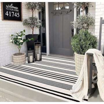 Black and White Outdoor Rug 3'x 5' Front Porch Rug Cotton Hand-Woven Striped Rug Machine Washable Indoor/Outdoor Area Rug Front Door Floor Mat for Farmhouse/Layered Door Mats/Living Room/Entryway