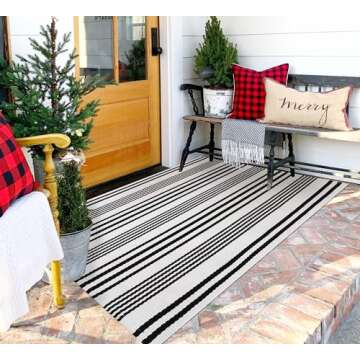 Black and White Outdoor Rug 3'x 5' Front Porch Rug Cotton Hand-Woven Striped Rug Machine Washable Indoor/Outdoor Area Rug Front Door Floor Mat for Farmhouse/Layered Door Mats/Living Room/Entryway