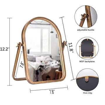 Geloo Vintage Vanity Table Mirror-Desk Makeup Mirror Golden Metal Framed Small Stand Mirrors 360 Adj...
