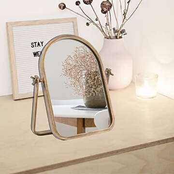 Geloo Vintage Vanity Table Mirror-Desk Makeup Mirror Golden Metal Framed Small Stand Mirrors 360 Adjustable Rotation for Tabletop,Office,Bedroom,Bathroom,Living Room,Antique 11.8'' x 7.8''