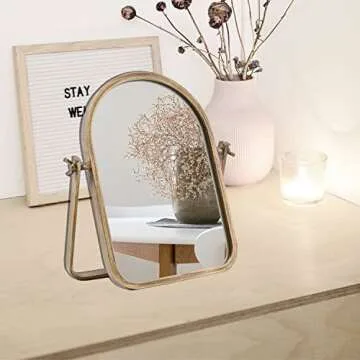 Geloo Vintage Vanity Table Mirror-Desk Makeup Mirror Golden Metal Framed Small Stand Mirrors 360 Adjustable Rotation for Tabletop,Office,Bedroom,Bathroom,Living Room,Antique 11.8'' x 7.8''