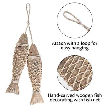 MDLUU Wooden Fish Wall Art, Large Wood Fish 12.5 Inches, Hand Carved Fish Hanging Decor, Decorative Fish Ornament for Mediterranean Nautical Theme, Coastal Theme, Lake House Decor