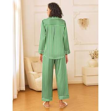 Ekouaer Womens Silk Satin Pajama Sets 2 Piece Sleepwear Pjs Set Long Sleeve Button Down Top and Pants Stripe Loungewear,S