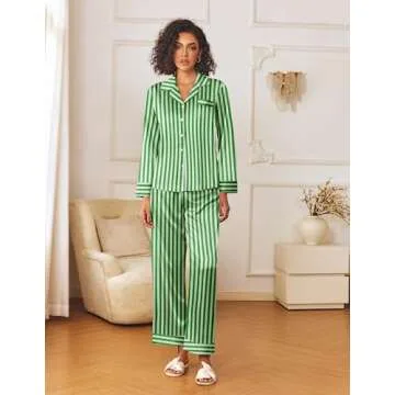 Ekouaer Womens Silk Satin Pajama Sets 2 Piece Sleepwear Pjs Set Long Sleeve Button Down Top and Pants Stripe Loungewear,S