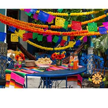 R and D Handicrafts 5 String Marigold Garland Cempasuchil Pack Plus 4 Packs Authentic Mexican Banner Paper Papel Picado Fiesta Decoration 40 Multi Colored Panels (Dark Orange)