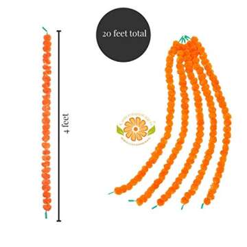 R and D Handicrafts 5 String Marigold Garland Cempasuchil Pack Plus 4 Packs Authentic Mexican Banner Paper Papel Picado Fiesta Decoration 40 Multi Colored Panels (Dark Orange)