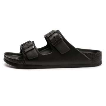 FUNKYMONKEY Women's Comfort Slides Double Buckle Adjustable EVA Flat Sandals (10 M US-Women, Black)