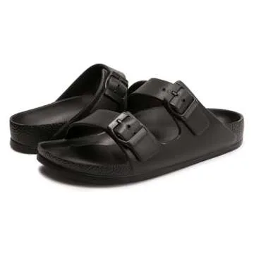 FUNKYMONKEY Women's Comfort Slides Double Buckle Adjustable EVA Flat Sandals (10 M US-Women, Black)