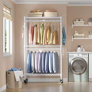 VIPEK R2 Medium Heavy Duty Clothes Rack Rolling Clothing Rack Adjustable Metal Wire Shelving Portable Closets with Double Hanging Rods, Side Hooks, Freestanding Closet Racks Wardrobe, White