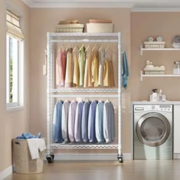 VIPEK R2 Medium Heavy Duty Clothes Rack Rolling Clothing Rack Adjustable Metal Wire Shelving Portable Closets with Double Hanging Rods, Side Hooks, Freestanding Closet Racks Wardrobe, White