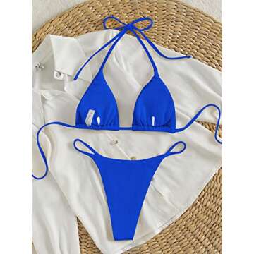 MakeMeChic Women's Solid Halter Triangle High Cut Bikini Set Swimsuit Bathing Suit Royal Blue Solid ...