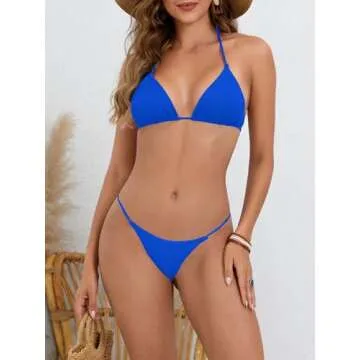 MakeMeChic Women's Solid Halter Triangle High Cut Bikini Set Swimsuit Bathing Suit Royal Blue Solid Large