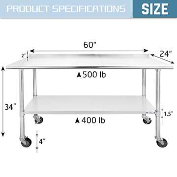 HALLY Stainless Steel Table for Prep & Work 24 x 60 Inches with Caster Wheels, NSF Commercial Heavy ...