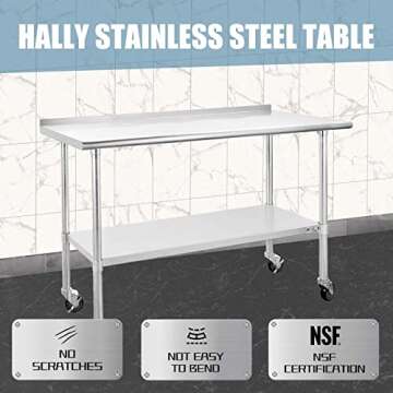 HALLY Stainless Steel Table for Prep & Work 24 x 60 Inches with Caster Wheels, NSF Commercial Heavy Duty Table with Undershelf and Backsplash for Restaurant, Home and Hotel