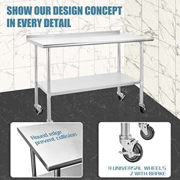 HALLY Stainless Steel Table for Prep & Work 24 x 60 Inches with Caster Wheels, NSF Commercial Heavy Duty Table with Undershelf and Backsplash for Restaurant, Home and Hotel