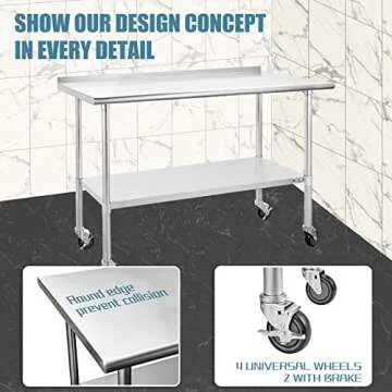 HALLY Stainless Steel Table for Prep & Work 24 x 60 Inches with Caster Wheels, NSF Commercial Heavy Duty Table with Undershelf and Backsplash for Restaurant, Home and Hotel