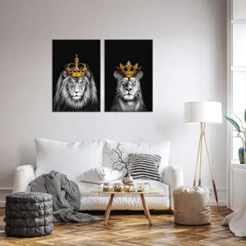 iHAPPYWALL 2 Pieces Set Lion and Lioness Canvas Wall Art Black and White Lion with Gold Crown King A...