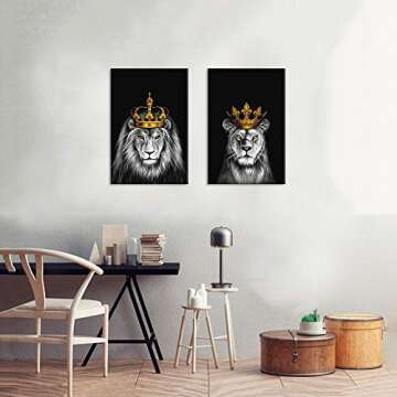 iHAPPYWALL 2 Pieces Set Lion and Lioness Canvas Wall Art Black and White Lion with Gold Crown King Animal Picture Artwork for Bedroom Home Decor Ready to Hang 16x24inchx2pcs