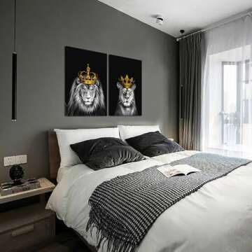 iHAPPYWALL 2 Pieces Set Lion and Lioness Canvas Wall Art Black and White Lion with Gold Crown King Animal Picture Artwork for Bedroom Home Decor Ready to Hang 16x24inchx2pcs
