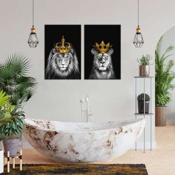 iHAPPYWALL 2 Pieces Set Lion and Lioness Canvas Wall Art Black and White Lion with Gold Crown King Animal Picture Artwork for Bedroom Home Decor Ready to Hang 16x24inchx2pcs