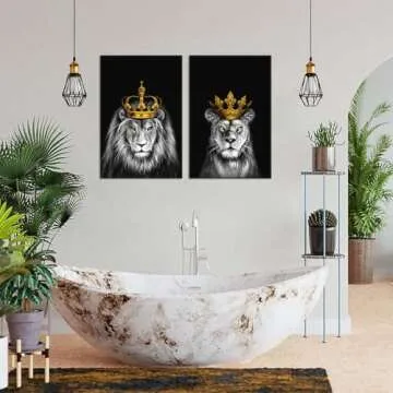 iHAPPYWALL 2 Pieces Set Lion and Lioness Canvas Wall Art Black and White Lion with Gold Crown King Animal Picture Artwork for Bedroom Home Decor Ready to Hang 16x24inchx2pcs
