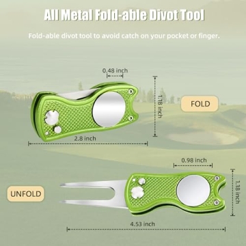 Mile High Life All Metal Foldable Golf Divot Tool with Pop-up Button & Magnetic Ball Marker, Golf Club Holder (Lime Green Fish)