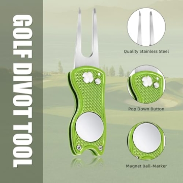 Mile High Life All Metal Foldable Golf Divot Tool with Pop-up Button & Magnetic Ball Marker, Golf Club Holder (Lime Green Fish)