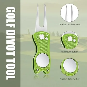 Mile High Life All Metal Foldable Golf Divot Tool with Pop-up Button & Magnetic Ball Marker, Golf Club Holder (Lime Green Fish)