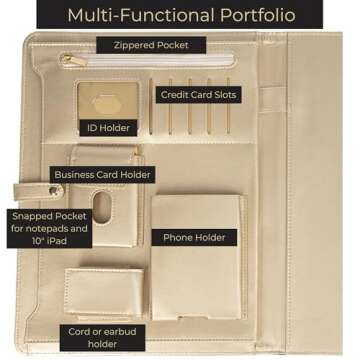 Portfolio Binder - Black Vegan Leather Padfolio for Women - Leather Portfolio Folder with Gold Trim ...