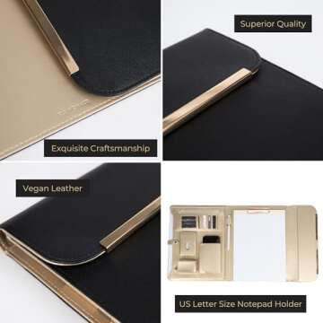 Portfolio Binder - Black Vegan Leather Padfolio for Women - Leather Portfolio Folder with Gold Trim - Portfolio Organizer Notebook - Professional Binder Folio - Business Portfolio Case by Blu Monaco