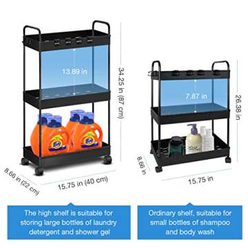 Conworld Heightened Rolling Cart 34 inchs Laundry Room Organizer, 3 Tier Storage Cart with Wheels, U...