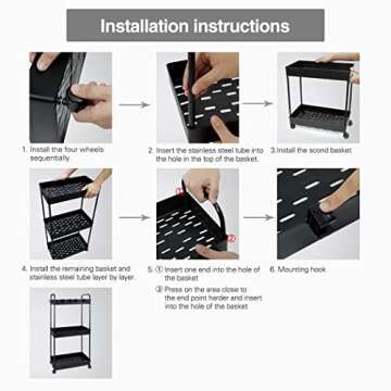 Conworld Heightened Rolling Cart 34 inchs Laundry Room Organizer, 3 Tier Storage Cart with Wheels, Utility Carts for Kitchen, Bedroom, Bathroom, Office, Classroom, Dorm Room, Black
