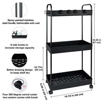 Conworld Heightened Rolling Cart 34 inchs Laundry Room Organizer, 3 Tier Storage Cart with Wheels, Utility Carts for Kitchen, Bedroom, Bathroom, Office, Classroom, Dorm Room, Black